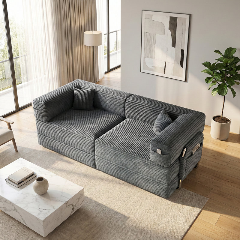 78.7" Convertible Cloud Floor Sofa – 5-in-1 Corduroy Sleeper Bed with Sturdy Steel Frame, Gray
