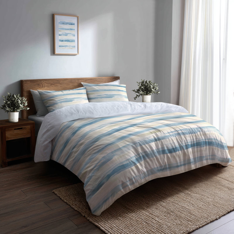Ensemble de literie moderne 3 pièces - Ensemble de housse de couette rayé bleu et beige Soft Horizon