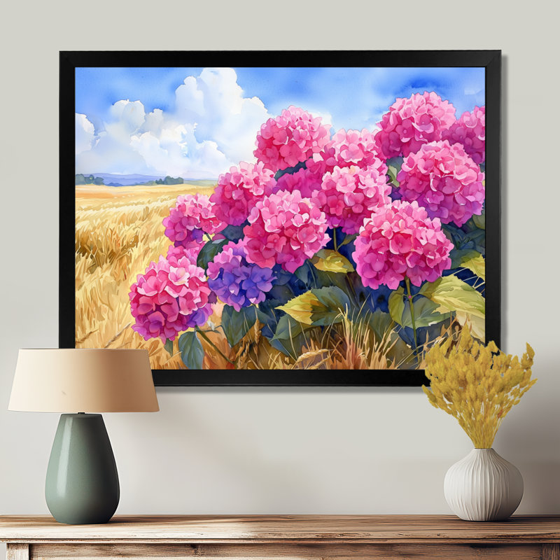 «Hydrangeas In The Grain Field III - Hydrangea», art mural sur toile, Reproduction encadrée d'une seule photo sans pass, Noir
