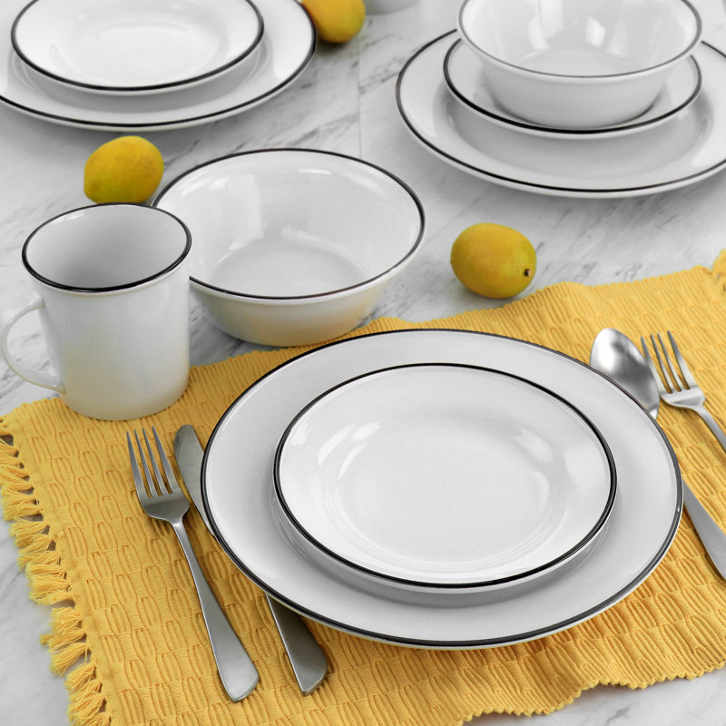 White Ceramic 16-Piece Dinnerware Set with Black Rim