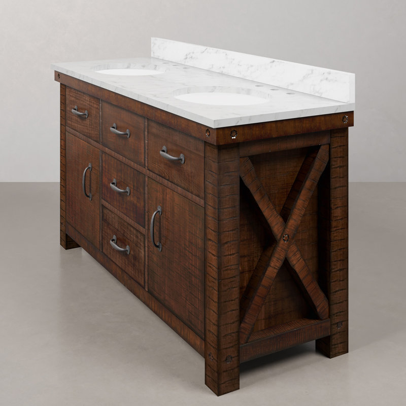 Aberdeen 60'' W Double Vanity, Carrara White, Rustic Sienna
