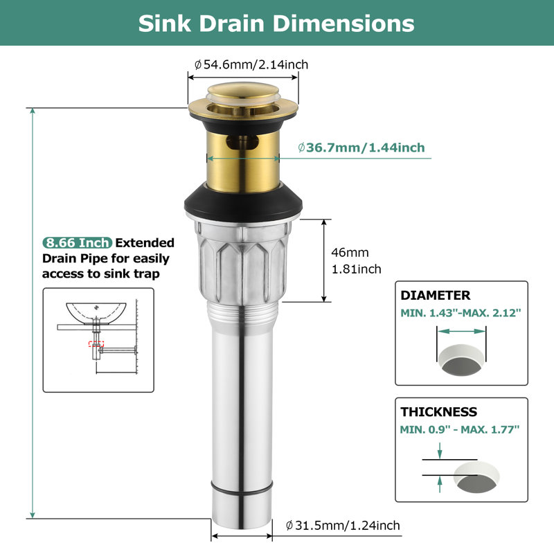 Drain escamotable de lavabo de salle de bain avec trop-plein, Or brossé