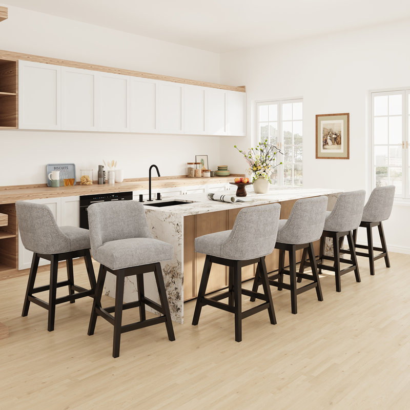 360°Bar Counter Stool with Solid Wood Frame, Light Gray