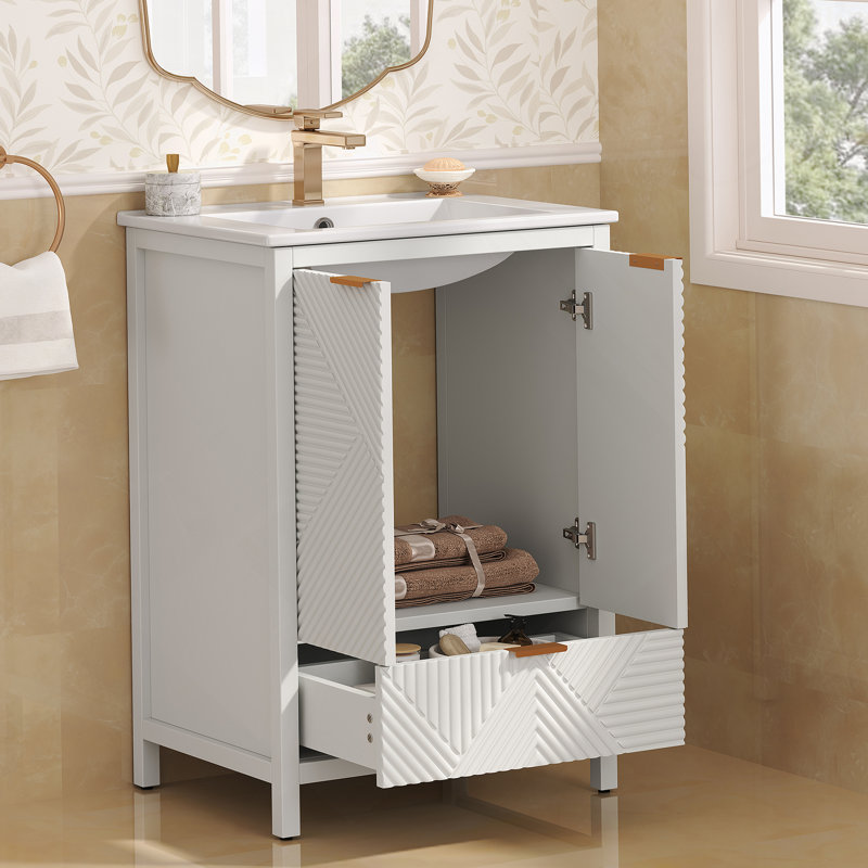 Ensemble de meuble-lavabo moderne avec lavabo, trou de robinet simple, panneaux de porte texturés, tiroir et rangement spacieux pour une utilisation pratique