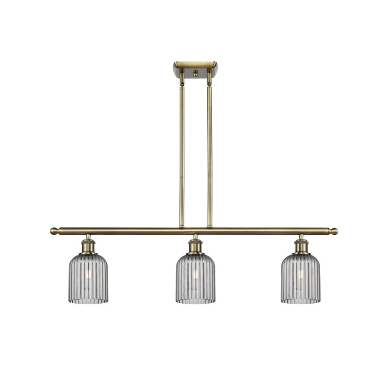 Luminaire suspendu pour îlot de cuisine 3 lumières Fiennes, Laiton antique, Gris fumée clair
