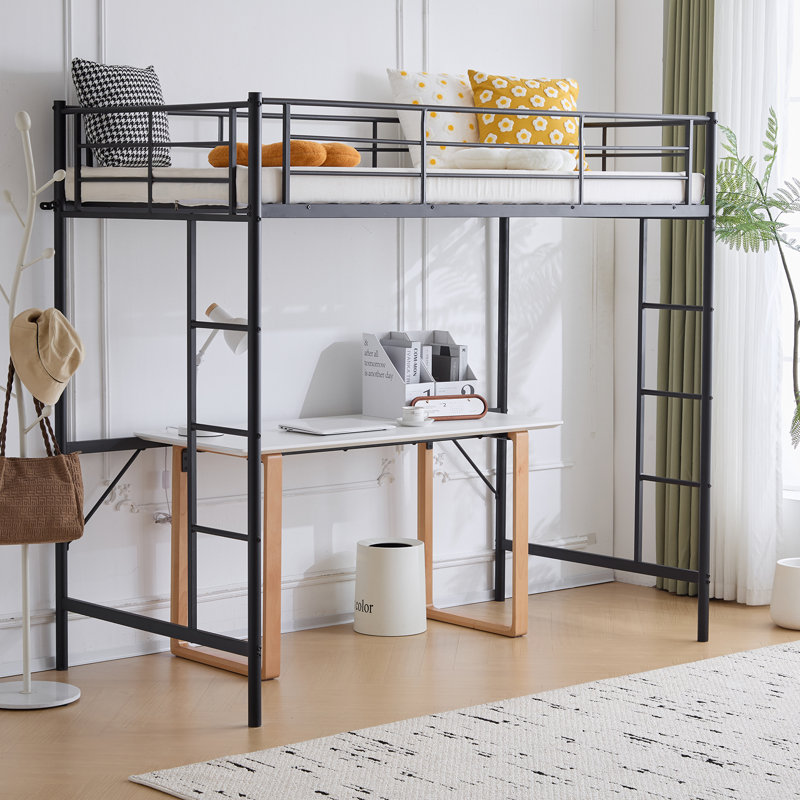 Black Full Loft Bed With Stairs Metal Single Loft Bunk Bed With Safety Guard Rails And 2 Side Ladder, Black