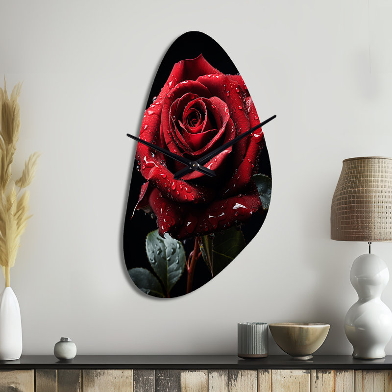 Red Black Rose Elegance I - Rose Unique Shape Metal Clock, Red Asymmetrical Wall Clock Print, Medium