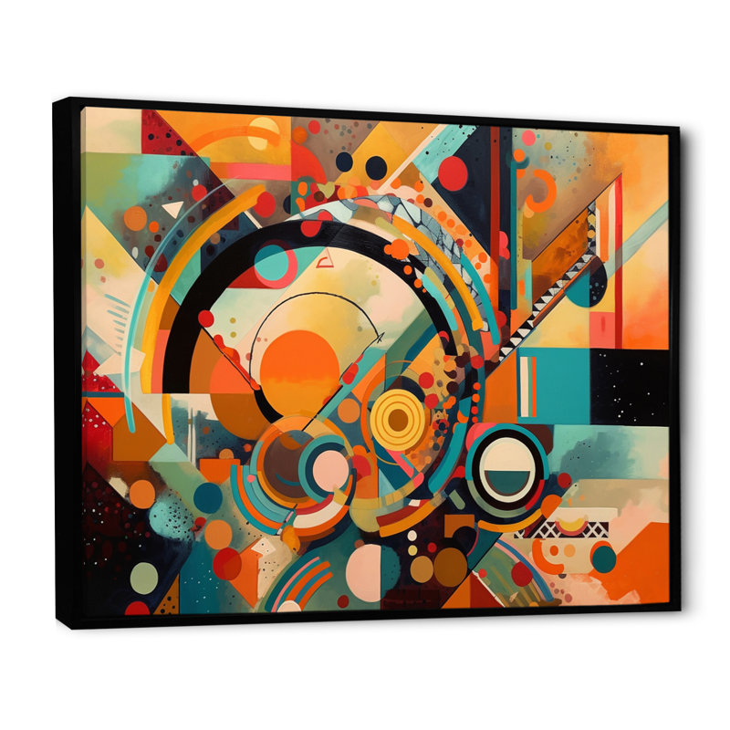Orange et bleu, vibrations géométriques I - salon d'art mural géométrique moderne, Cadre flottant noir
