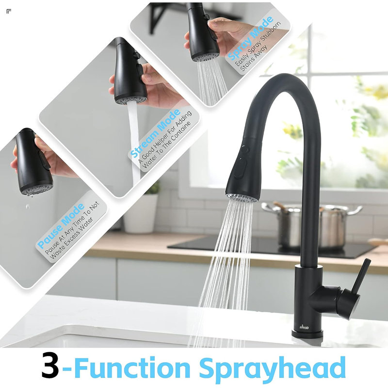Pull Down Single Handle Kitchen Faucet with Deck Plate and Sprayer, Matte Black