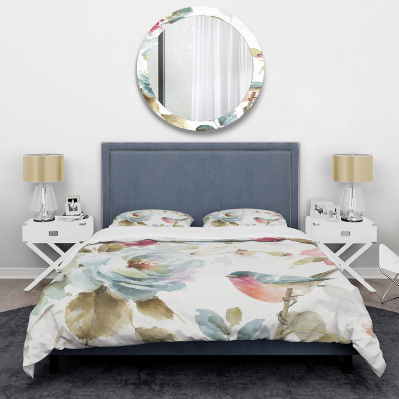 Floral Duvet Cover Set - Beautiful Bird Romance I, King Duvet Cover + 2 Shams