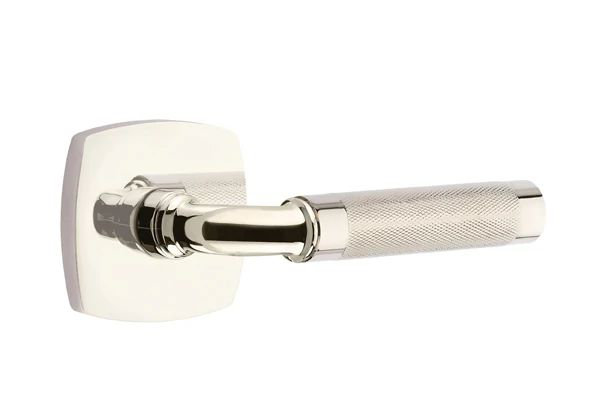 Mortaise intérieure Emtek Select avec rosette urbaine et tige R-Bar, levier moleté, Gauche, Nickel poli