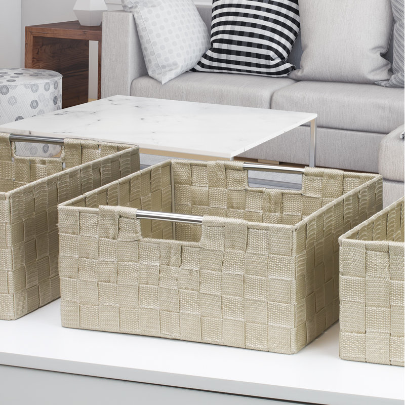 Beige Woven Fabric 3-Piece Collapsible Basket Set