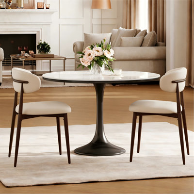 Set of 2 Upholstered Metal Kitchen Dining Chairs, Modern Fabric Seats for Dining Room, Beige