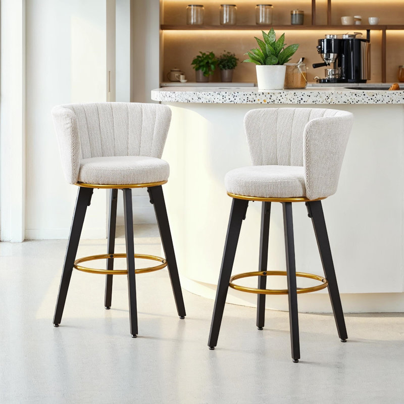 Counter Height Bar Stools Set of 2, 360° Swivel Upholstered Barstools with Backs, Beige