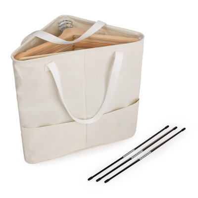 Clothes Hanger Organizer Bag With Handles, Hanger Stacker, Closet Laundry Hamper Corner Bathroom Organizer Triangle Storage (Beige White)