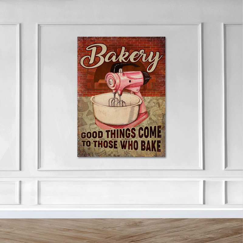 «Bakery - Good Things Come To Ceux Qui Bake», toile tendue avec châssis - Illustration de cuisson, décoration de chambre rouge et rose