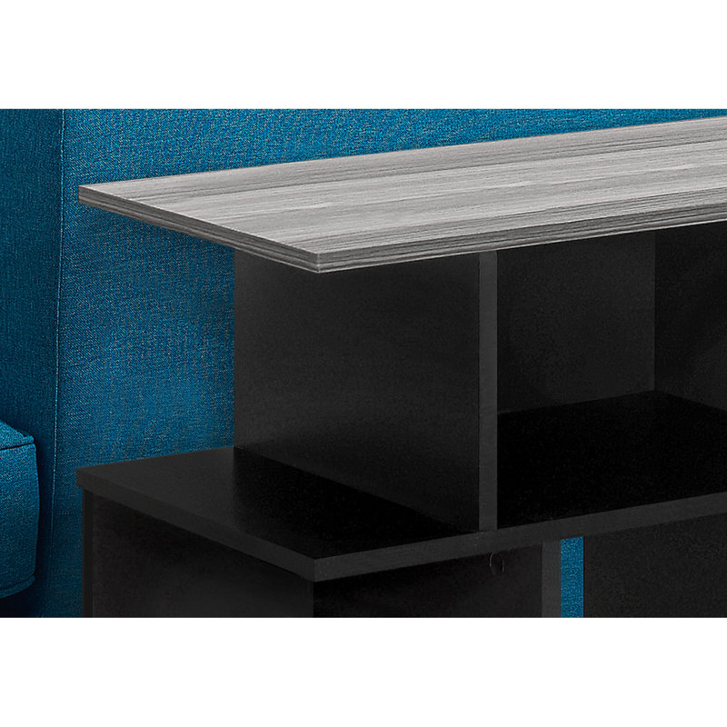 Table de vestibule à trois niveaux - stratifié noir et gris, 6 tablettes ouvertes pour le rangement de tablettes décoratives contemporaines, aspect bois