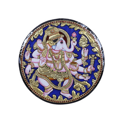 Peinture ronde Ganesha avec huit mains Tanjore | Couleurs traditionnelles avec or 24 carats | Avec cadre