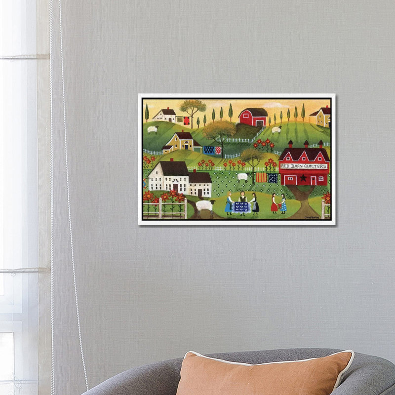 Red Barn Quilters by Cheryl Bartley - Painting on Canvas, 45.72cm H x 66.04cm W x 3.81cm D, White Framed