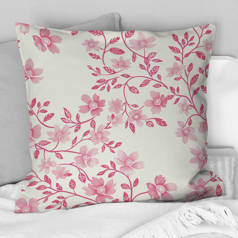 Coussin décoratif blanc et rose à motif floral jardins traditionnels I, H 16 po x l 16 po