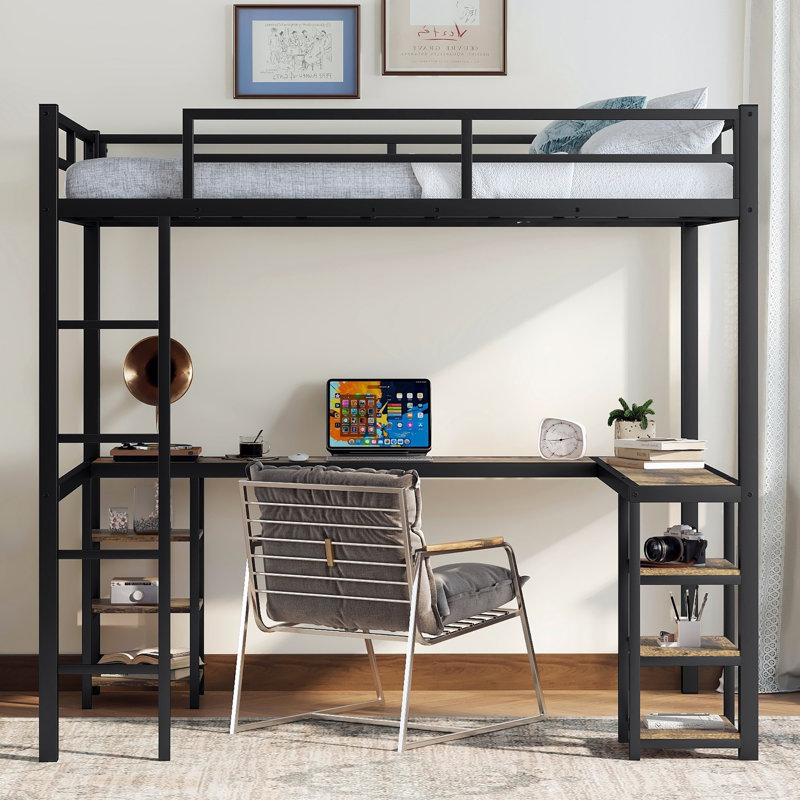 Lit mezzanine en métal avec bureau et tablettes, cadre de lit mezzanine pour chambre à coucher, Très grand simple