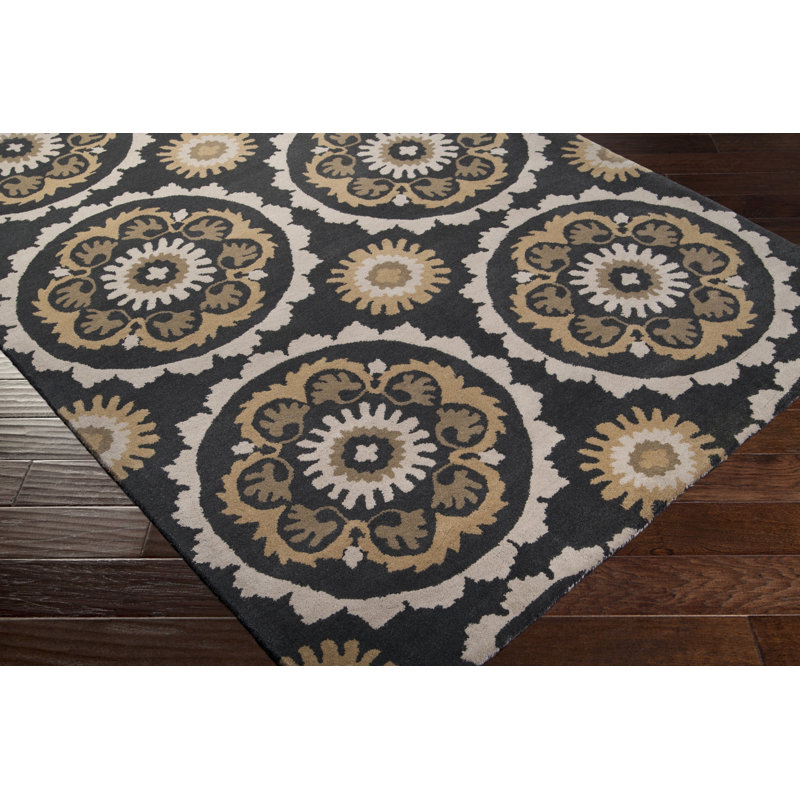 Tapis gris anthracite / beurre en laine touffeté à la main à motif géométrique Fryman, Rectangle 9 pi x 13 pi