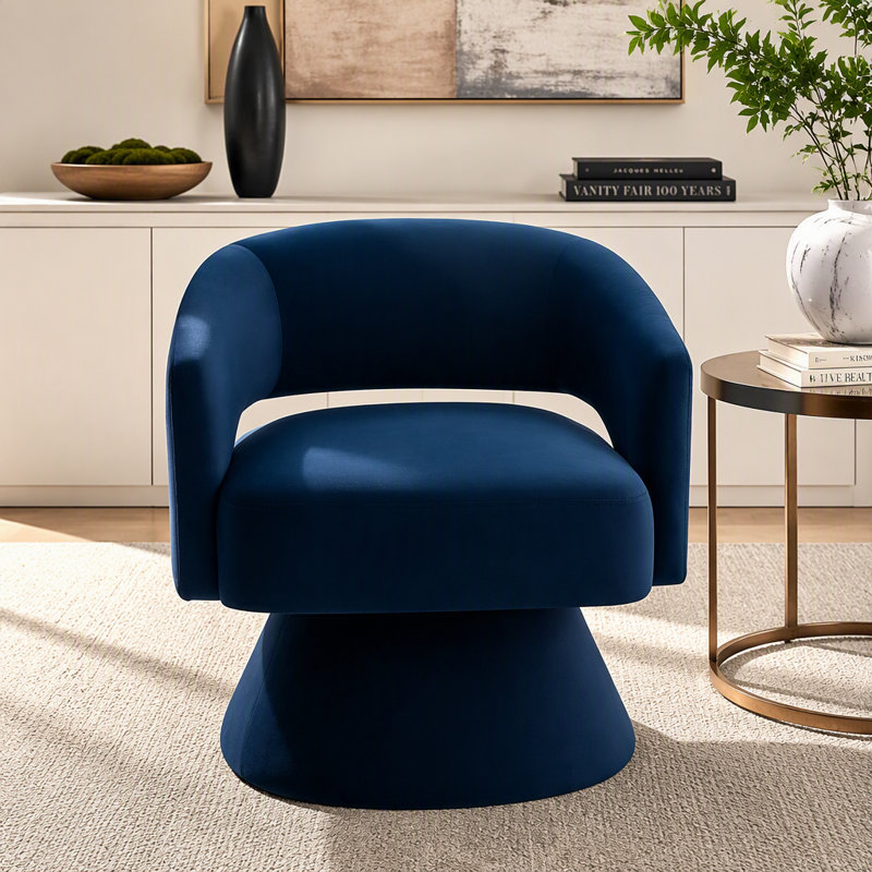 Nevile 27.5'' Wide Swivel Barrel Chair, Navy Velvet