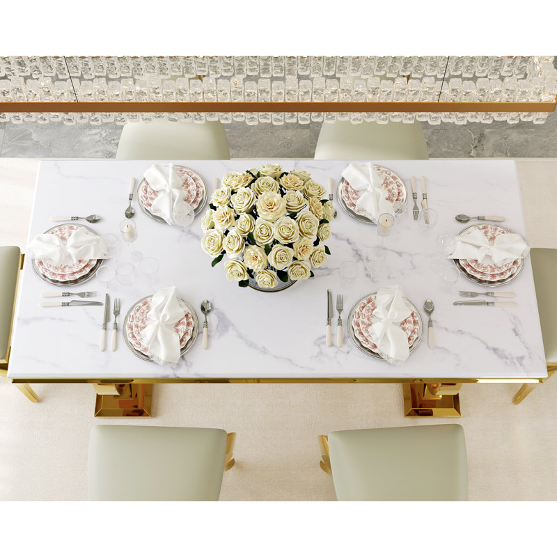 Ethanael Faux Marble Top Metal Base Dining Table, White Top/Polished Gold Base