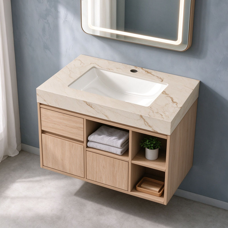Comptoir en pierre frittée Topcraft 24 po couleur crème veinée or avec évier encastré en céramique