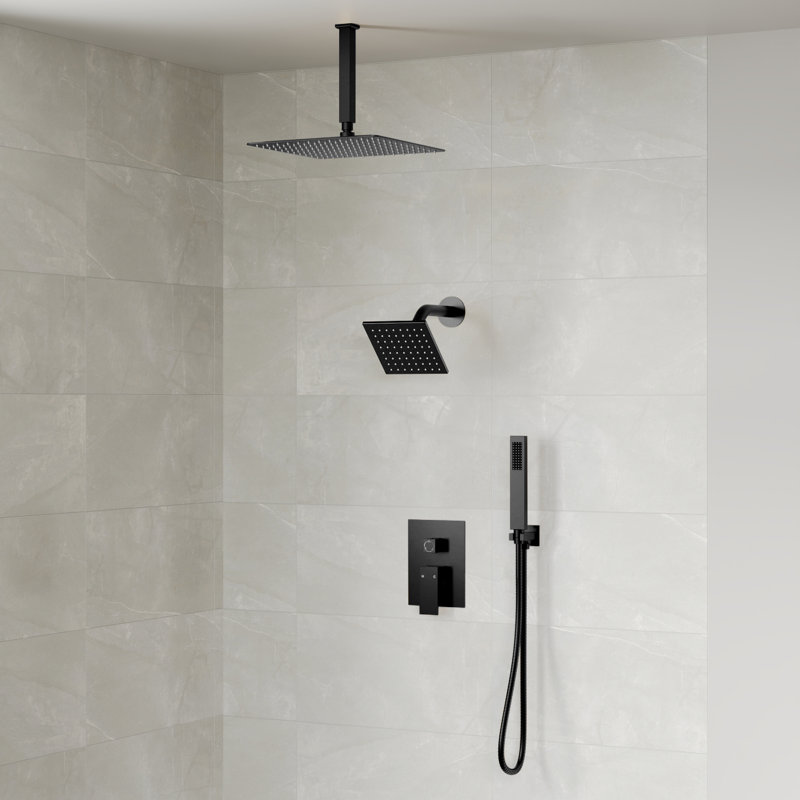 Système de douche à pluie à pression équilibrée 10 po, têtes de douche DualRainShower avec valve brute, Noir mat