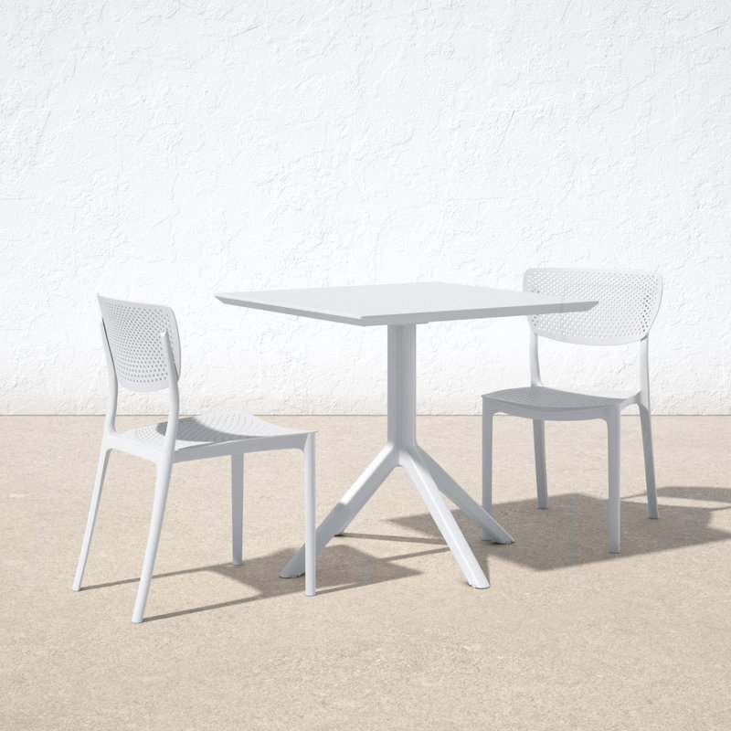 Farrah Square Stackable Plastic 3-Piece Patio Dining Set, 29.5" H x 31.5" W x 31.5" D, White