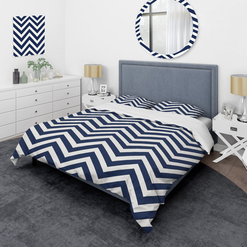Ensemble de housse de couette à chevrons bleu et blanc, Housse de couette simple + 2 taies décoratives st