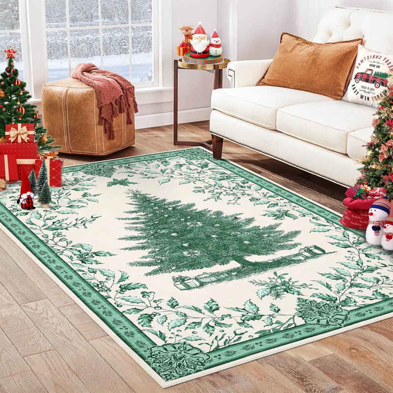 Christmas Tree Print Non-Slip Indoor Rug 9x12 ft – Washable Soft Holiday Doormat for Entryway, Kitchen, Bathroom, Bedside -Thin Red Carpet