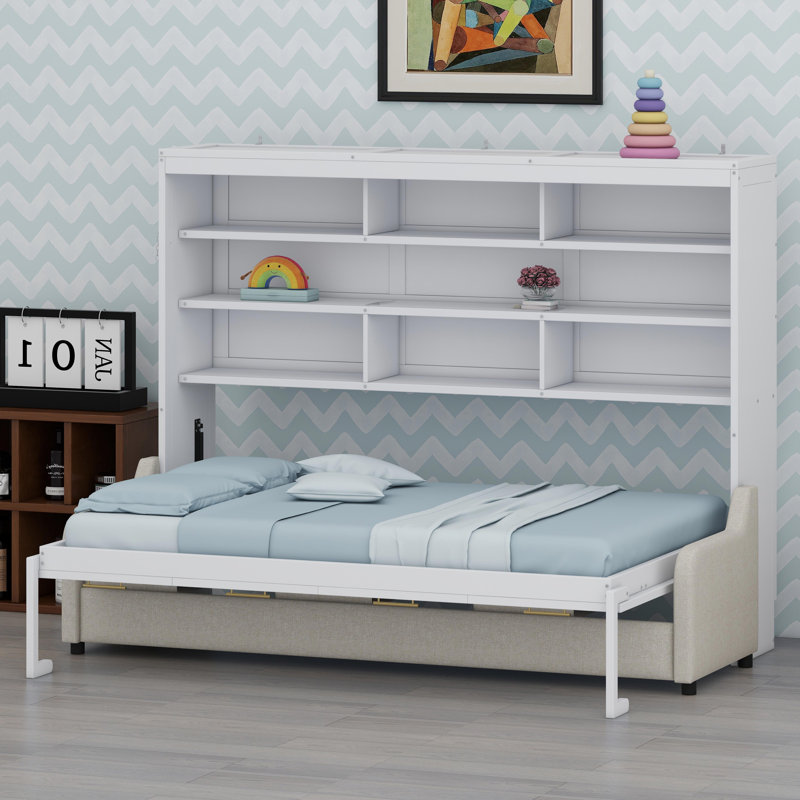 Multifunctional Cabinet Bed with Integrated Folding Sofa, Storage Shelves, and Ambient LED Lighting