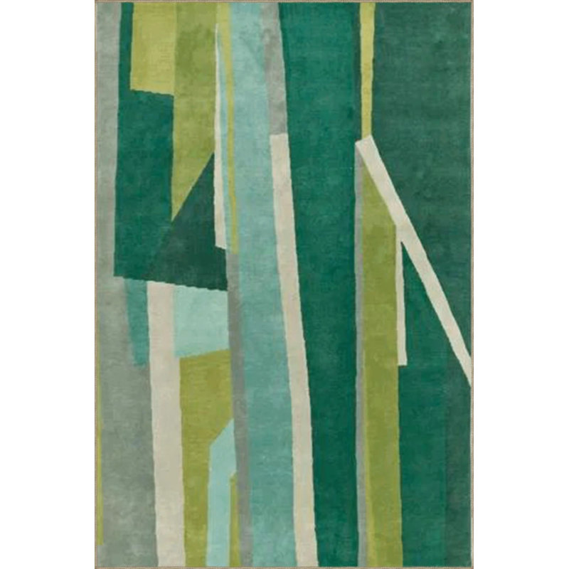 Green Themed Abstract Geometric Patterned Fringed Modern Decorative Carpet, Rectangle 5'2" x 7'7"