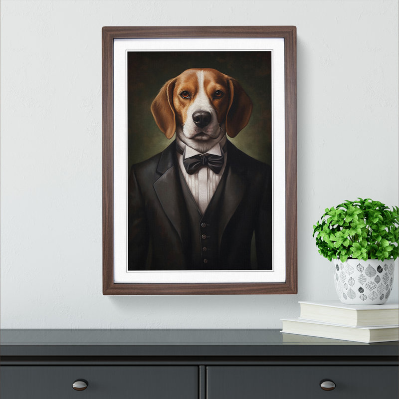 Beagle In A Suit No.4 - Single Picture Frame Print on Wood, 34cm H x 25cm W x 2cm D, Walnut Framed