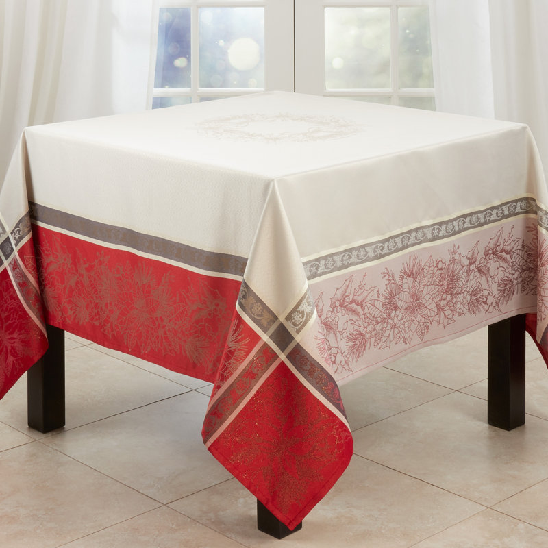 Red Jacquard Christmas Tablecloth with Plaid Pattern, 72"