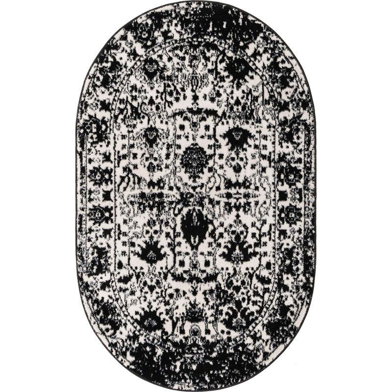 Ortilio Oriental Area Rug, Oval 5'3" x 8', Black