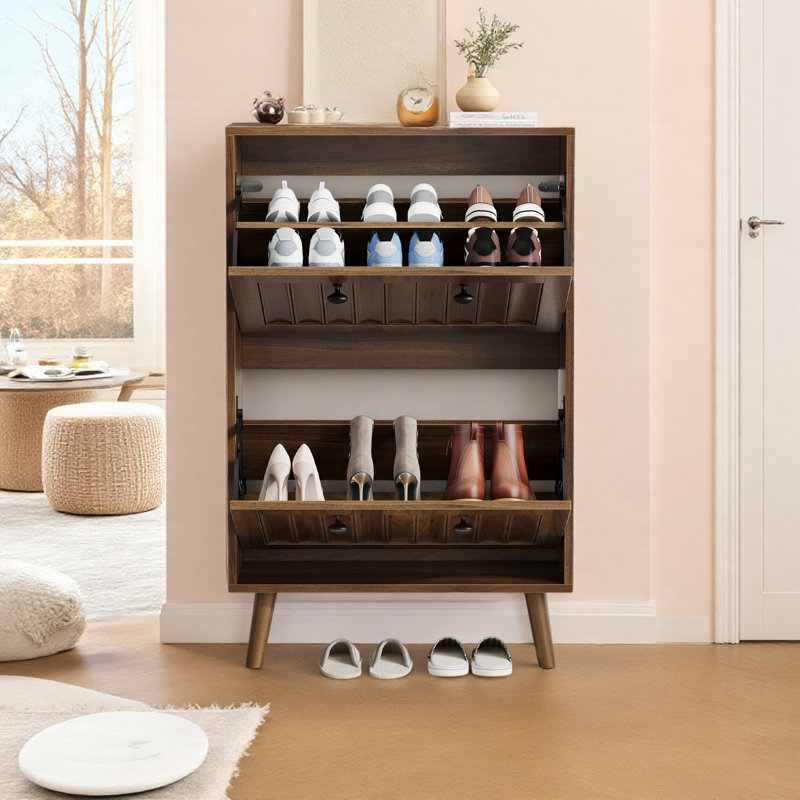 Walnut Shoe Storage Cabinet For Hallway, Foyer, Living Room, 37.41" H x 31.5" W x 9.45" D