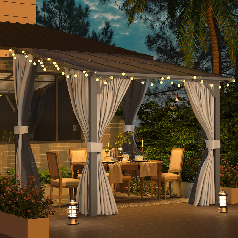 Lean-To Wall-Mounted Pergolas With Curtains And Netting, 243.8 cm H × 243.8 cm W × 243.8 cm D