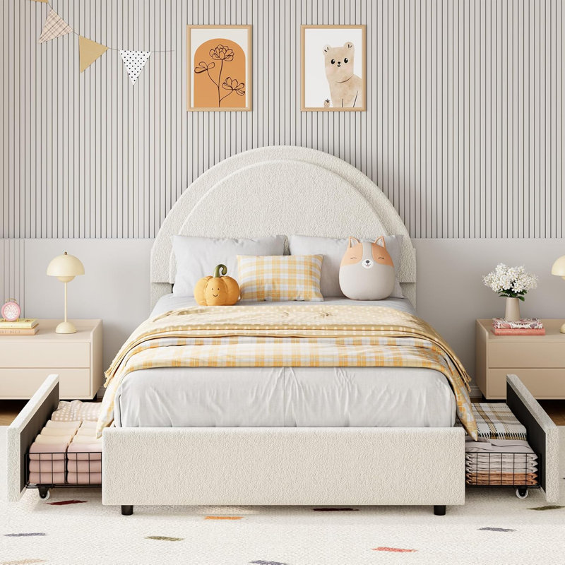 Bed Frame with Storage Drawers, Upholstered Boucle Platform Bed with Round Headboard, Heavy Duty & Noise Free, No Box Spring Needed