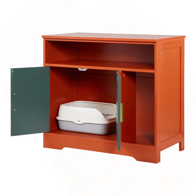 Enceinte de litière pour chat, armoire à litière cachée 31 po avec tablette et rangement, salle de bain intérieure pour chat de style moderne, table de bout en bois pour meuble pour chat, convient à la plupart des bacs à litière, rouge et vert