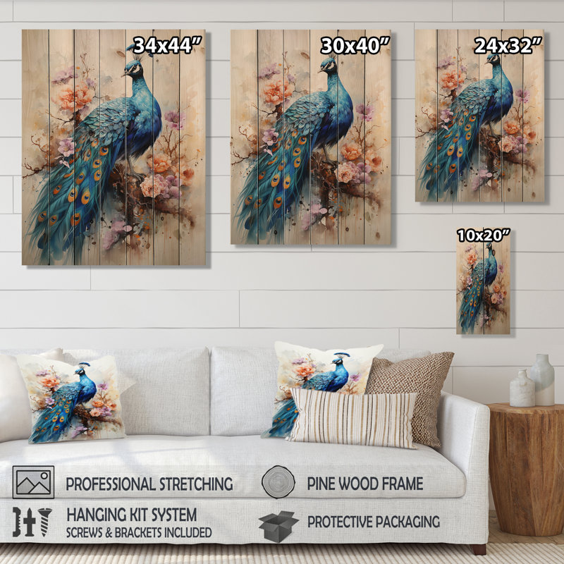 «Blue Coral Indian Art Dancing Peacock II» sur bois, H 20 po x l 10 po x P 0,78 po