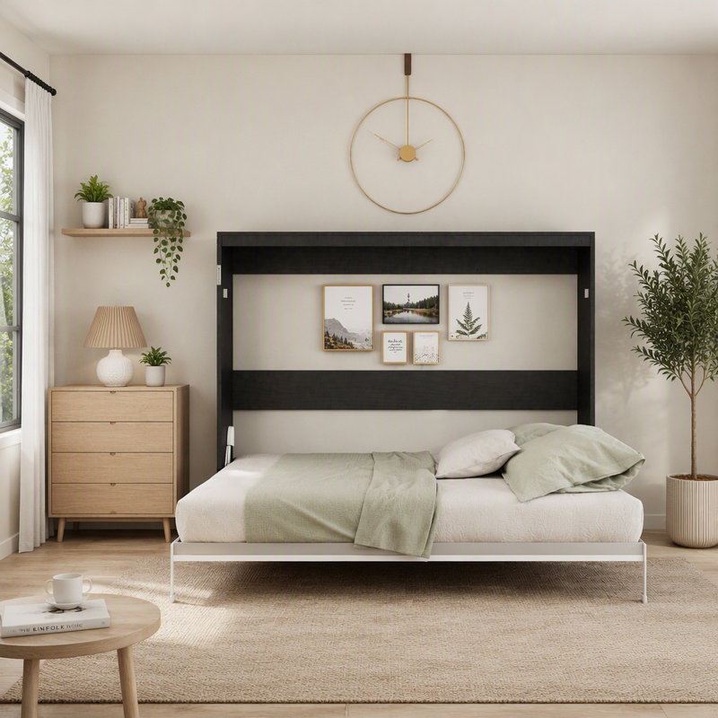 Lit escamotable mural pliable horizontal noir Queen Size, lit gain de place pour salon ou appartement