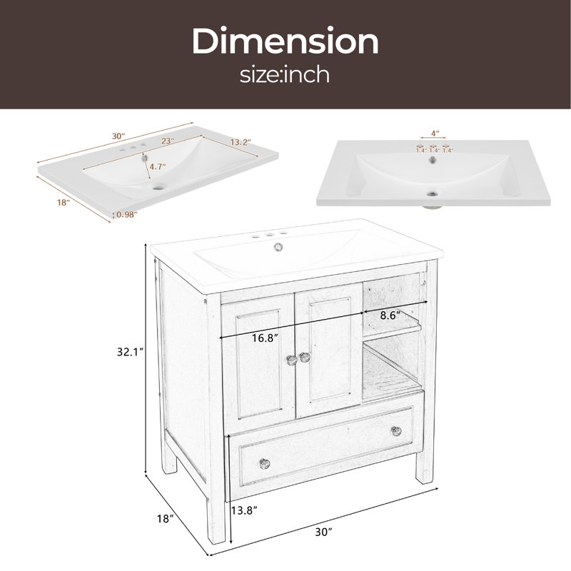 Meuble-lavabo simple 30 po avec comptoir, Brun