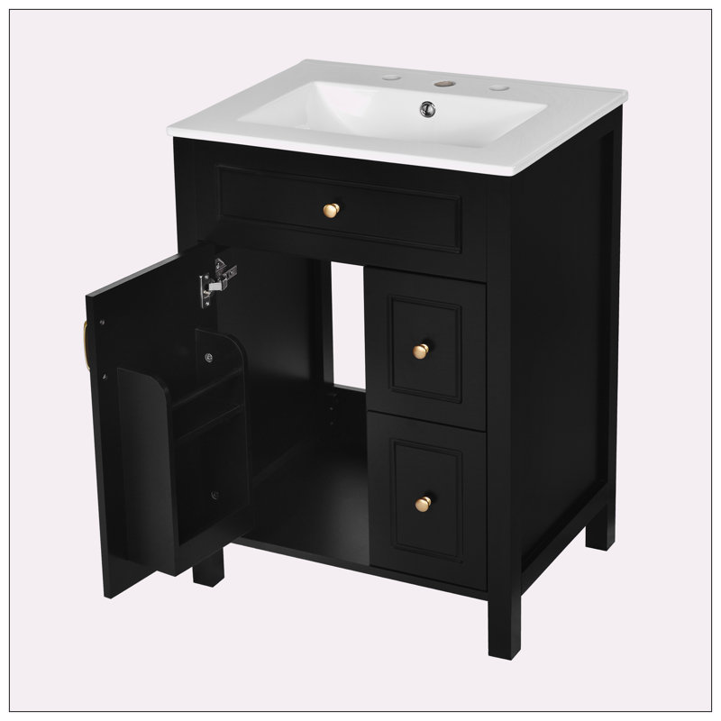 Meuble-lavabo de 24 po avec lavabo en céramique, Noir, noir, noir, noir