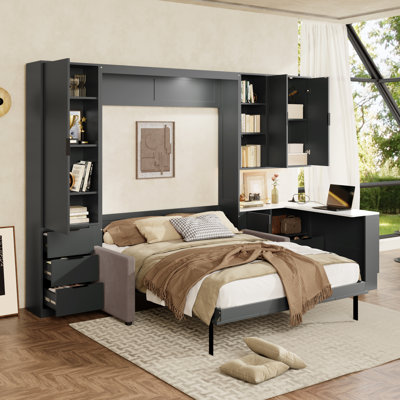 Grand lit escamotable avec canapé intégré, bureau en L et rangement