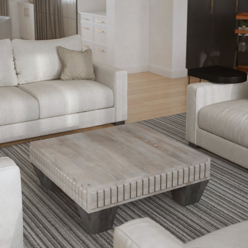 Roddrick Tokyo Inspired 36 Inch Square Mango Wood Coffee Table - Handcrafted With Elegant Sandblasted Gray Finish And Tapered Legs