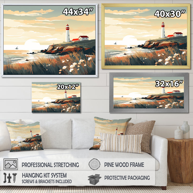 «Coastal Light House Scenery Minimali 7F63801D», reproduction sur toile, Cadre doré simple, H 34 po x l 44 po x P 1,5 po