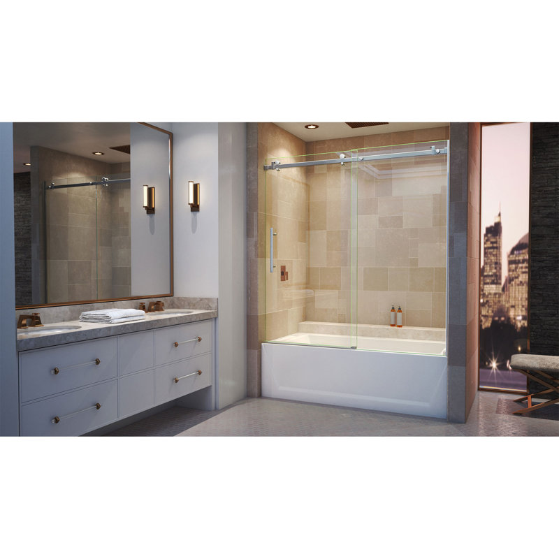 Enigma Air 56" W x 62" H Single Sliding Frameless Tub Door, Brushed Stainless Steel